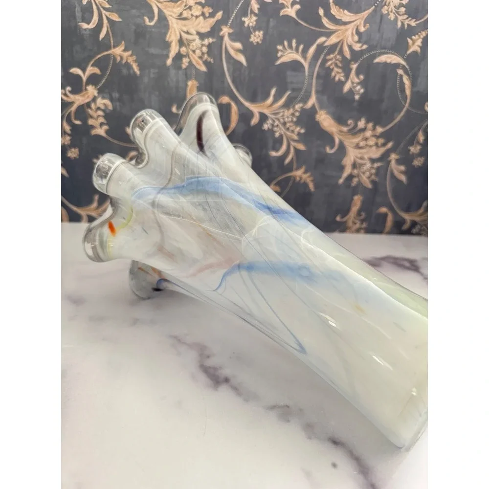 Hand Blown Art Glass Handkerchief Vase White Blue Swirl Confetti Ruffled 10.5